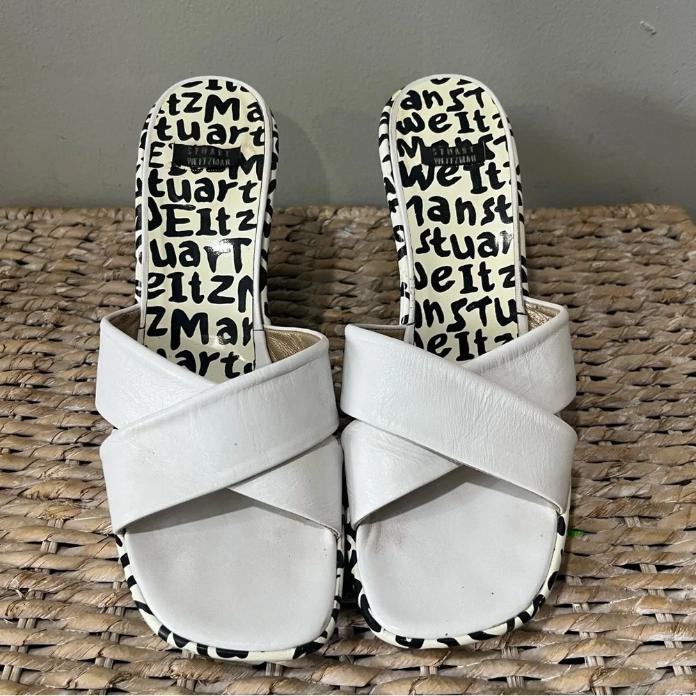 STUART WEITZMAN NEW BLACK & WHITE LEATHER‎ GRAFFITI PRINT LOGO SANDAL WEDGE 9.5